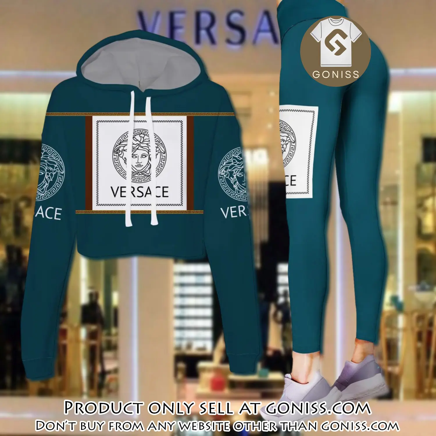 Versace teal color luxury brand clothes leggings and crop top set for women gn0115410